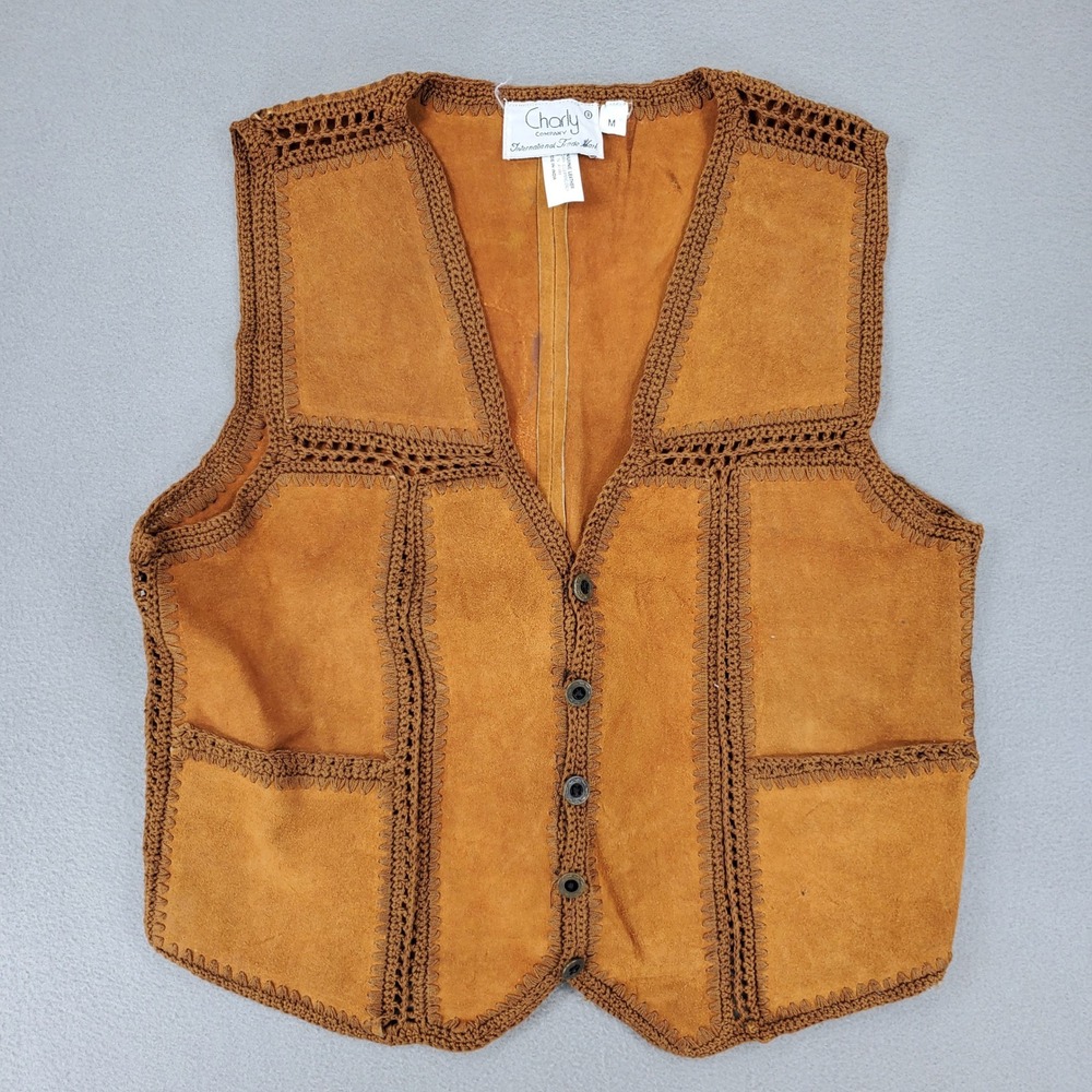 Charly Company Suede Leather Vest Womens M Brown Crochet Trim Boho Vintage 70s